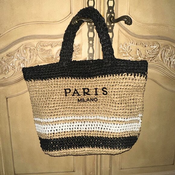 Neiman Marcus Paris Milano Summer Woven Straw Beach Tote Bag